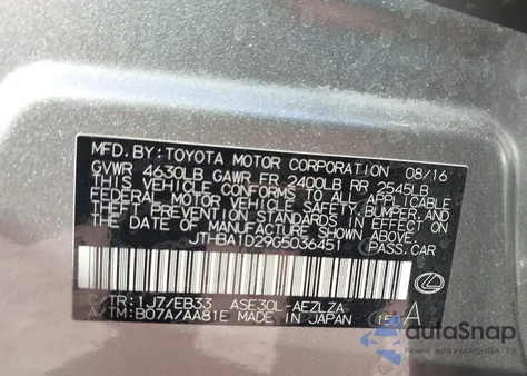 2016 Lexus Is 200T из США, поврежденный, VIN JTHBA1D29G5036451